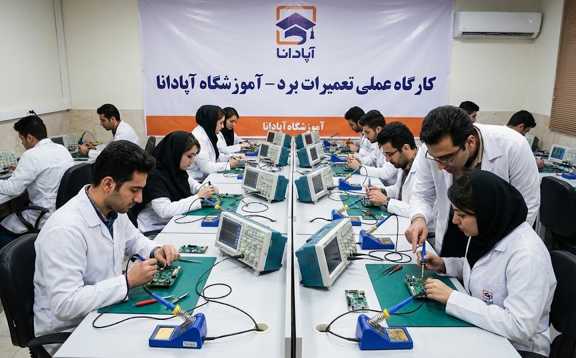 نمای کلی از کارگاه فعال و مجهز دوره آموزش تعمیرات برد در تبریز با حضور کارآموزان در حال کار عملی