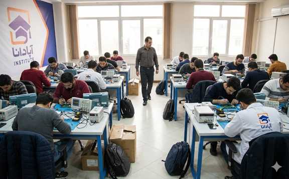 نمای کلی از کارگاه شلوغ و فعال آموزش تعمیر برد در تبریز با حضور کارآموزان و استاد در مجتمع آموزشی آپادانا.