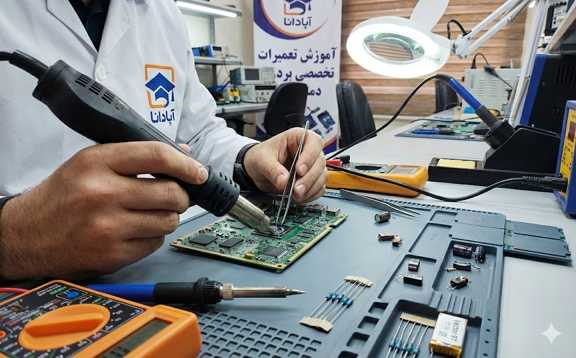 کارآموز در حال لحیم‌کاری برد الکترونیکی در کارگاه عملی دوره تعمیرات برد در تبریز، آموزشگاه آپادانا